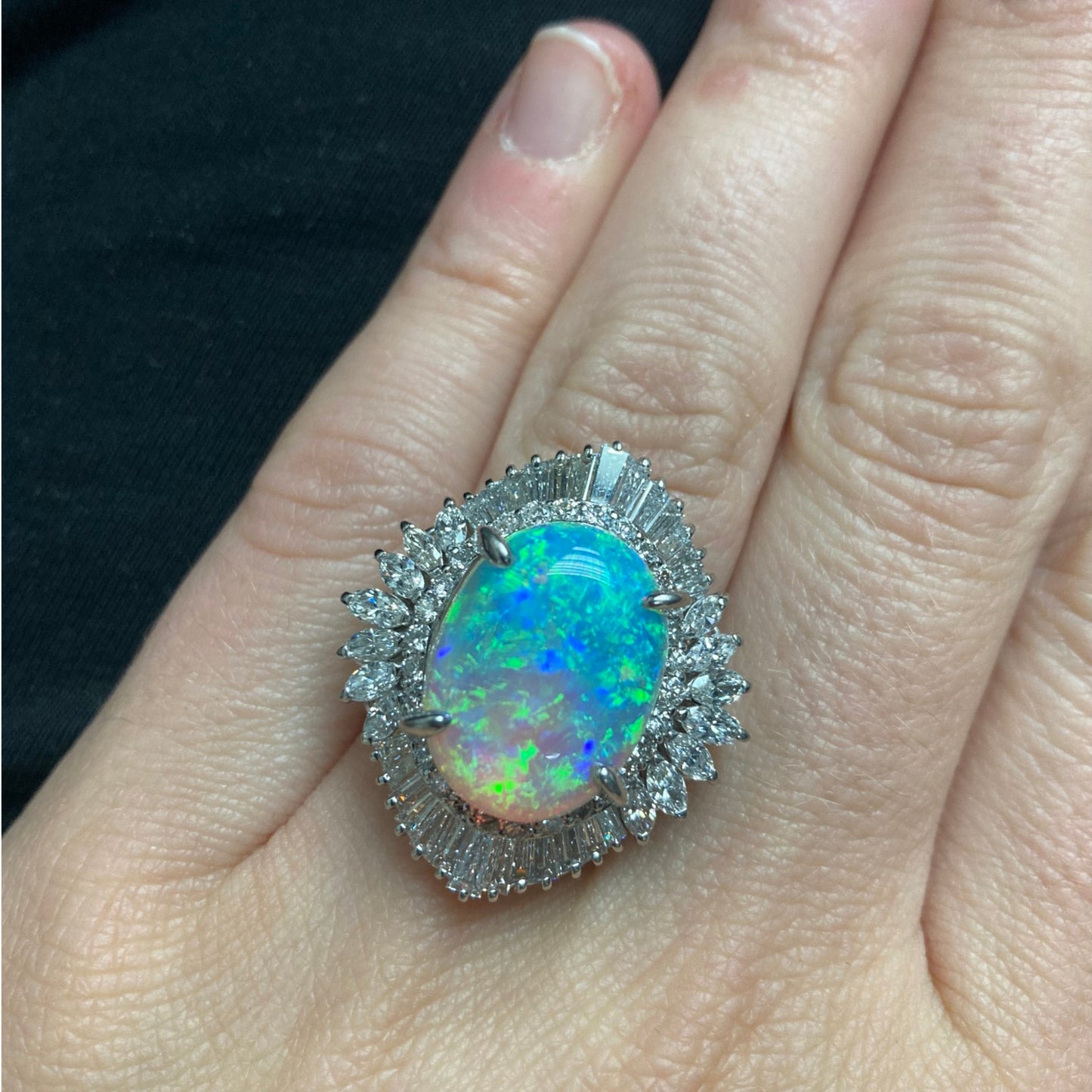 1970s Platinum Opal & Diamond Ring on finger