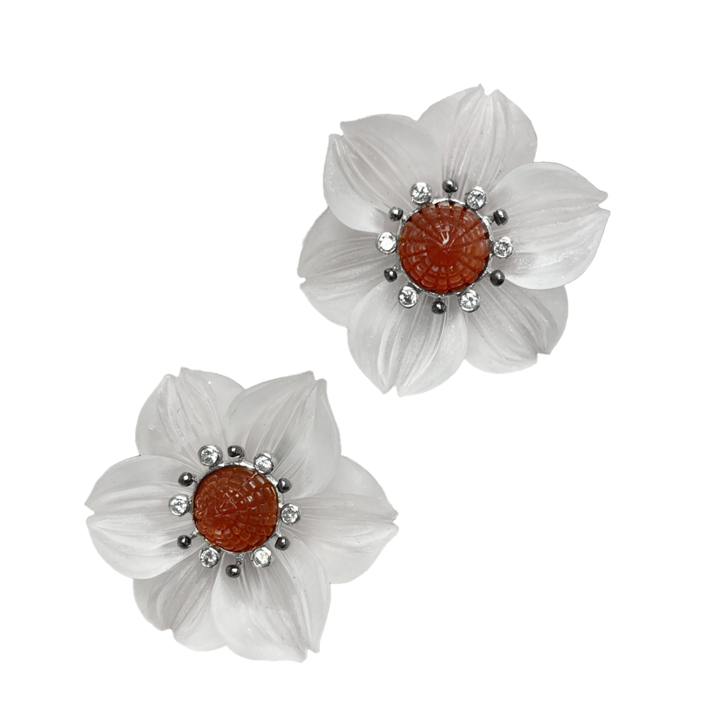 Post-1980s 14KT White Gold Diamond, Carnelian Agate & Rock Crystal Flower Earrings front