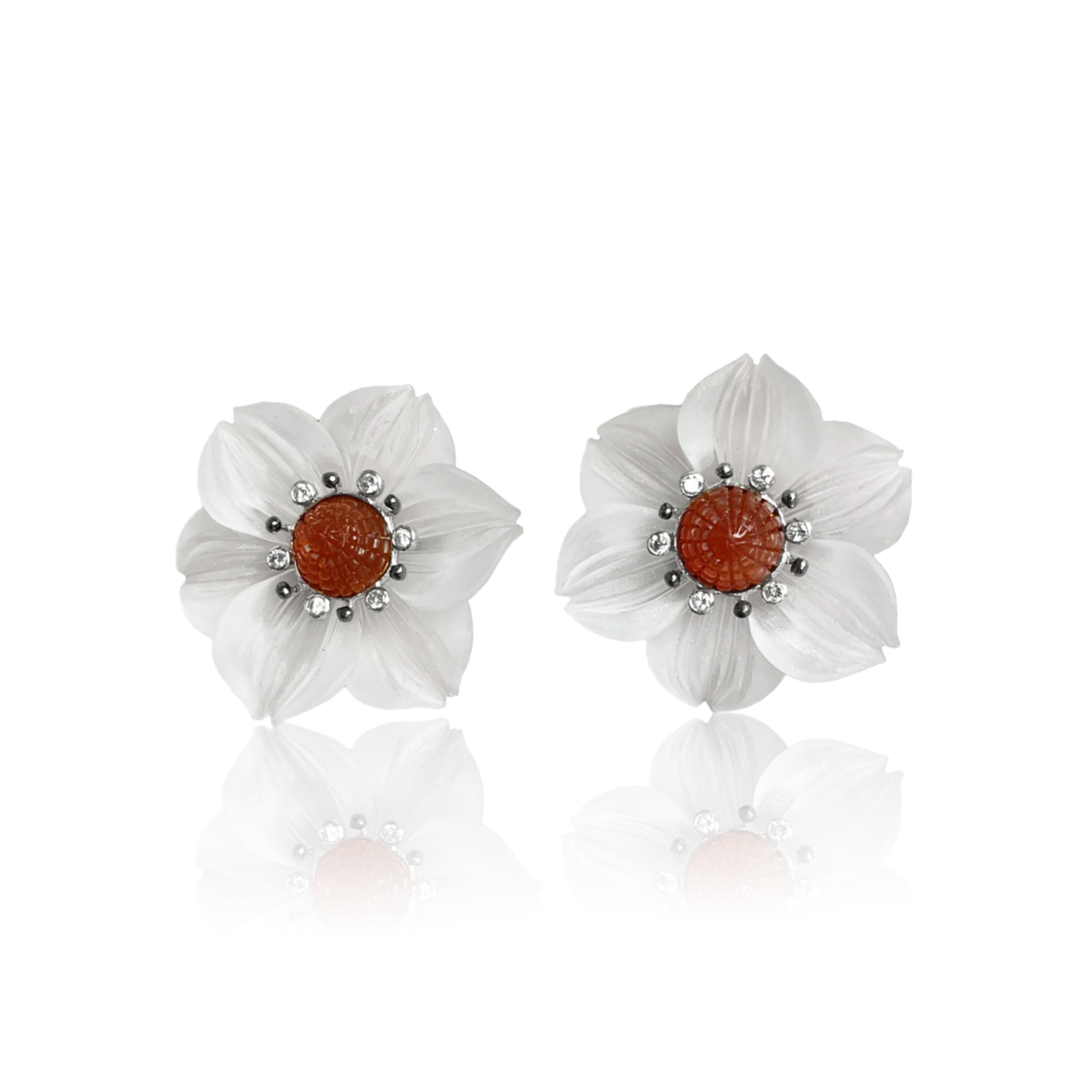 Post-1980s 14KT White Gold Diamond, Carnelian Agate & Rock Crystal Flower Earrings front