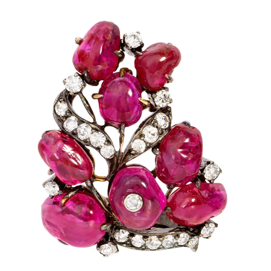 1970s 18KT Blackened Gold Ruby & Diamond Earrings close-up details