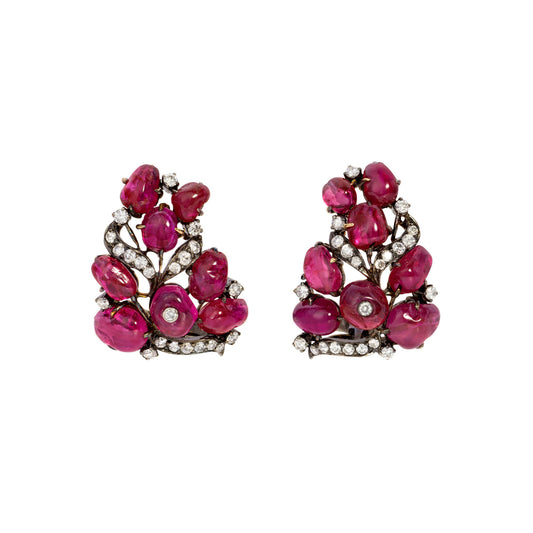 1970s 18KT Blackened Gold Ruby & Diamond Earrings front
