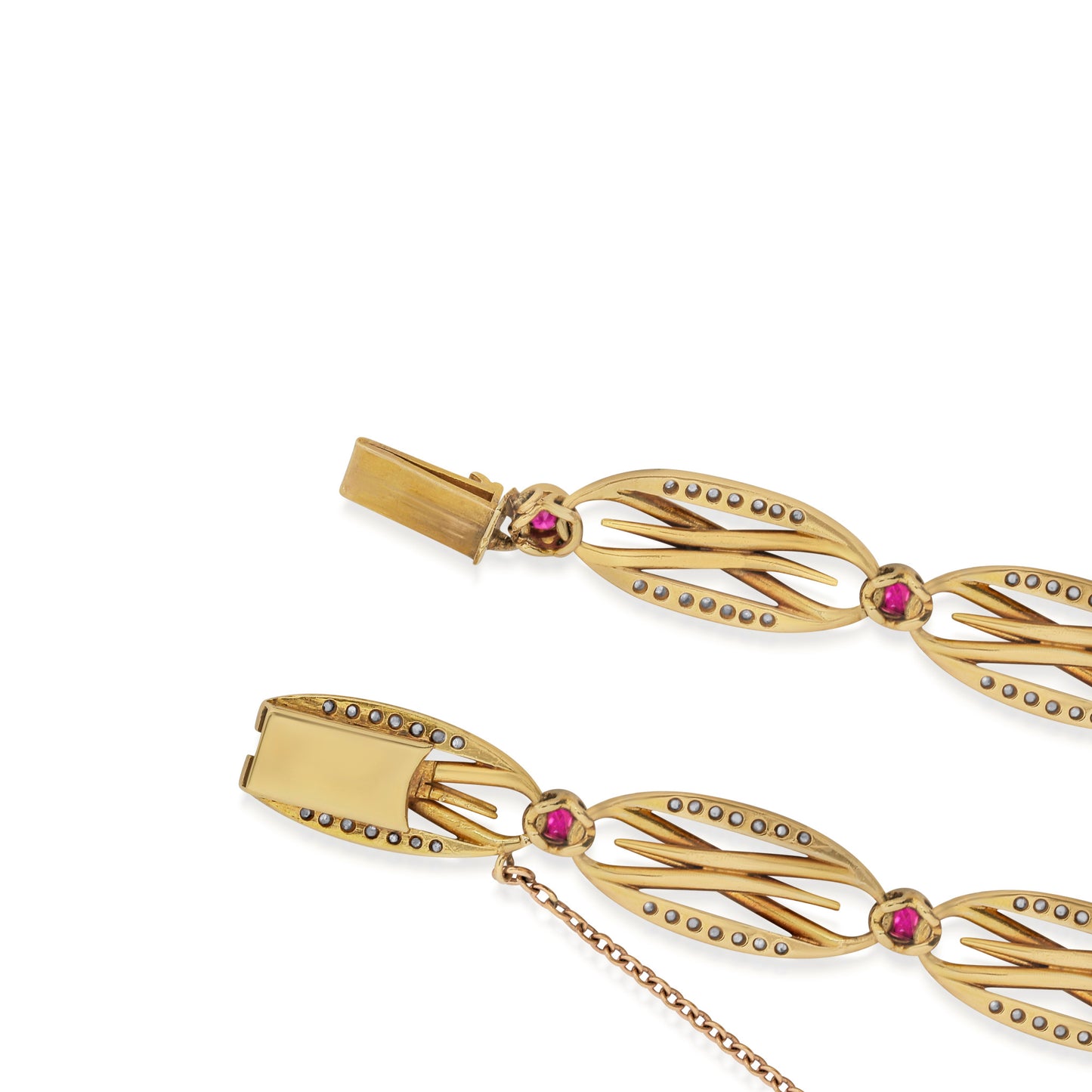 French Edwardian Platinum & 18KT Yellow Gold Diamond & Ruby Bracelet back of clasp