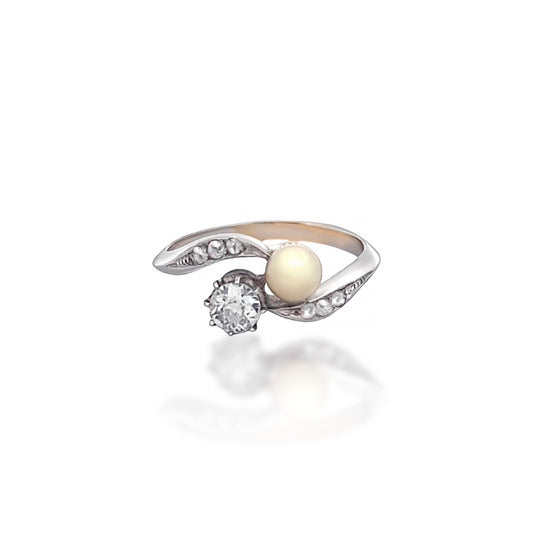 Edwardian Platinum & 18KT Yellow Gold Diamond & Pearl Ring front view