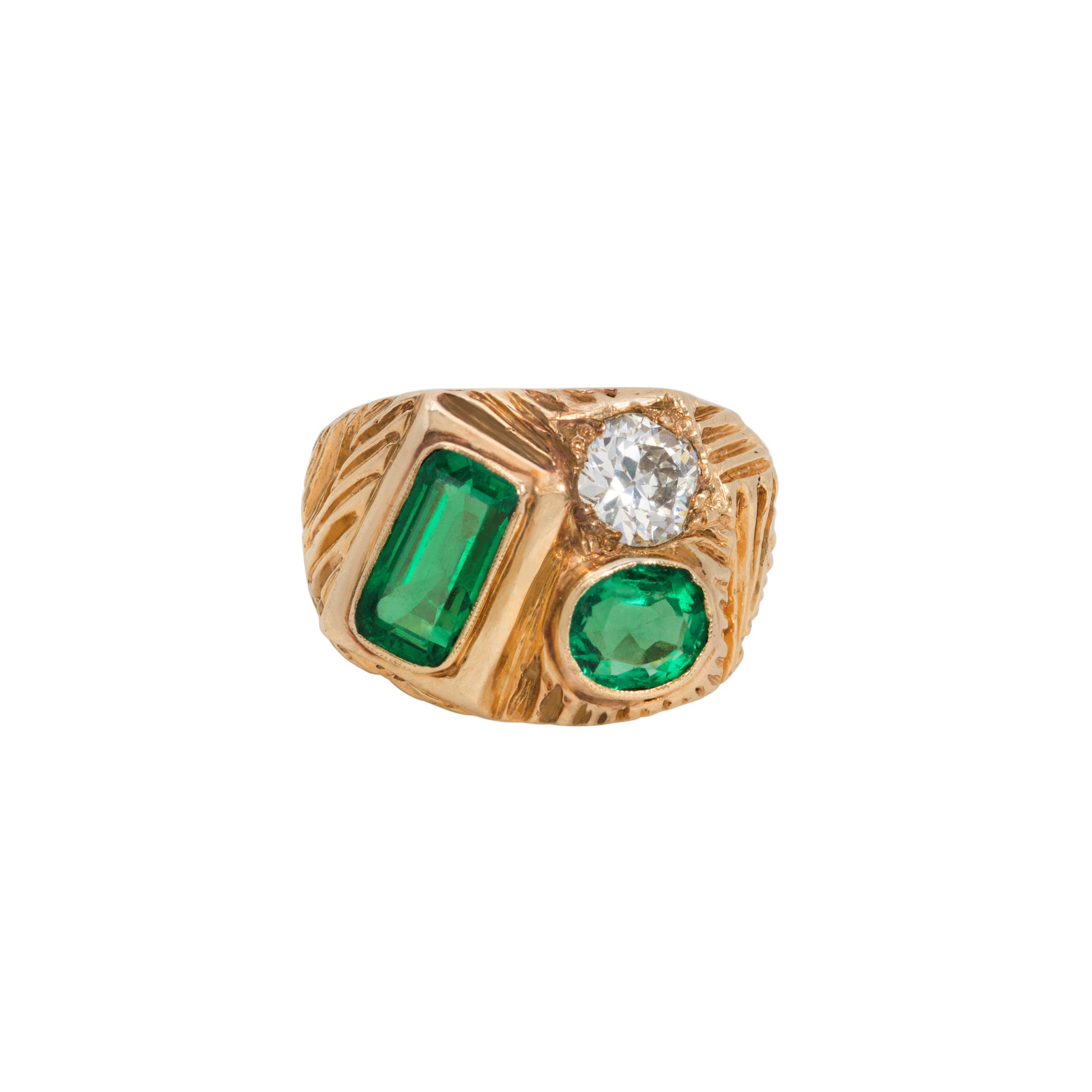 1970s 14KT Yellow Gold Emerald & Diamond Ring front