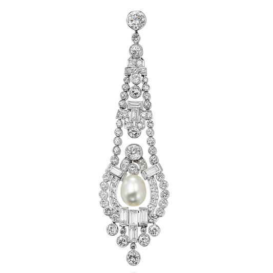 Art Deco Platinum Natural Pearl & Diamond Earrings close-up details