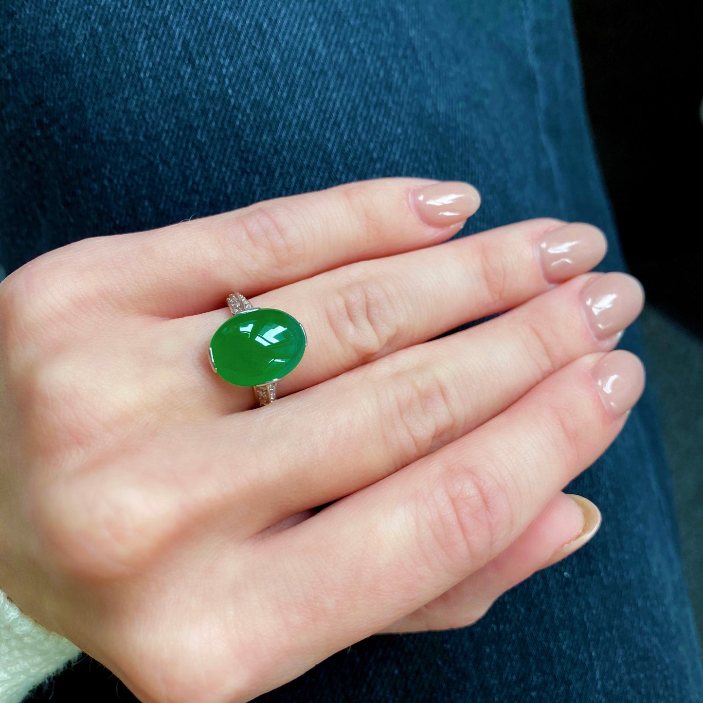 1950s Platinum Jade & Diamond Ring on finger