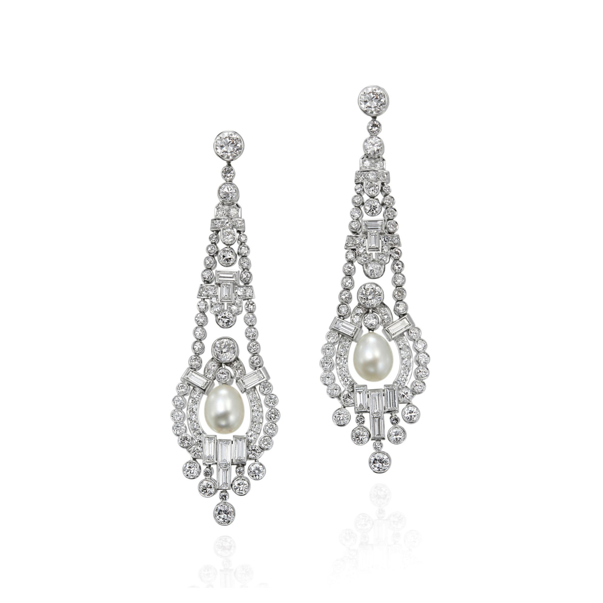 Art Deco Platinum Natural Pearl & Diamond Earrings front