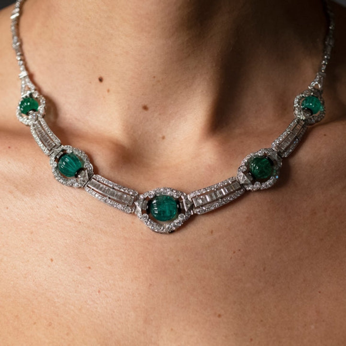 Art Deco Platinum Emerald, Diamond & Enamel Necklace on neck