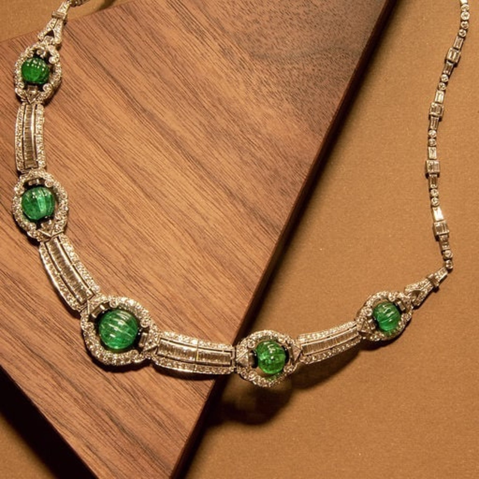 Art Deco Platinum Emerald, Diamond & Enamel Necklace front