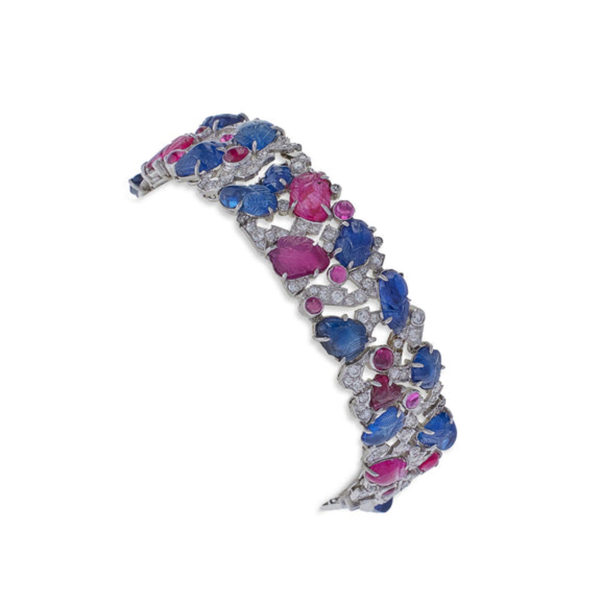 Art Deco Platinum Sapphire, Diamond & Ruby Tutti Frutti Bracelet front