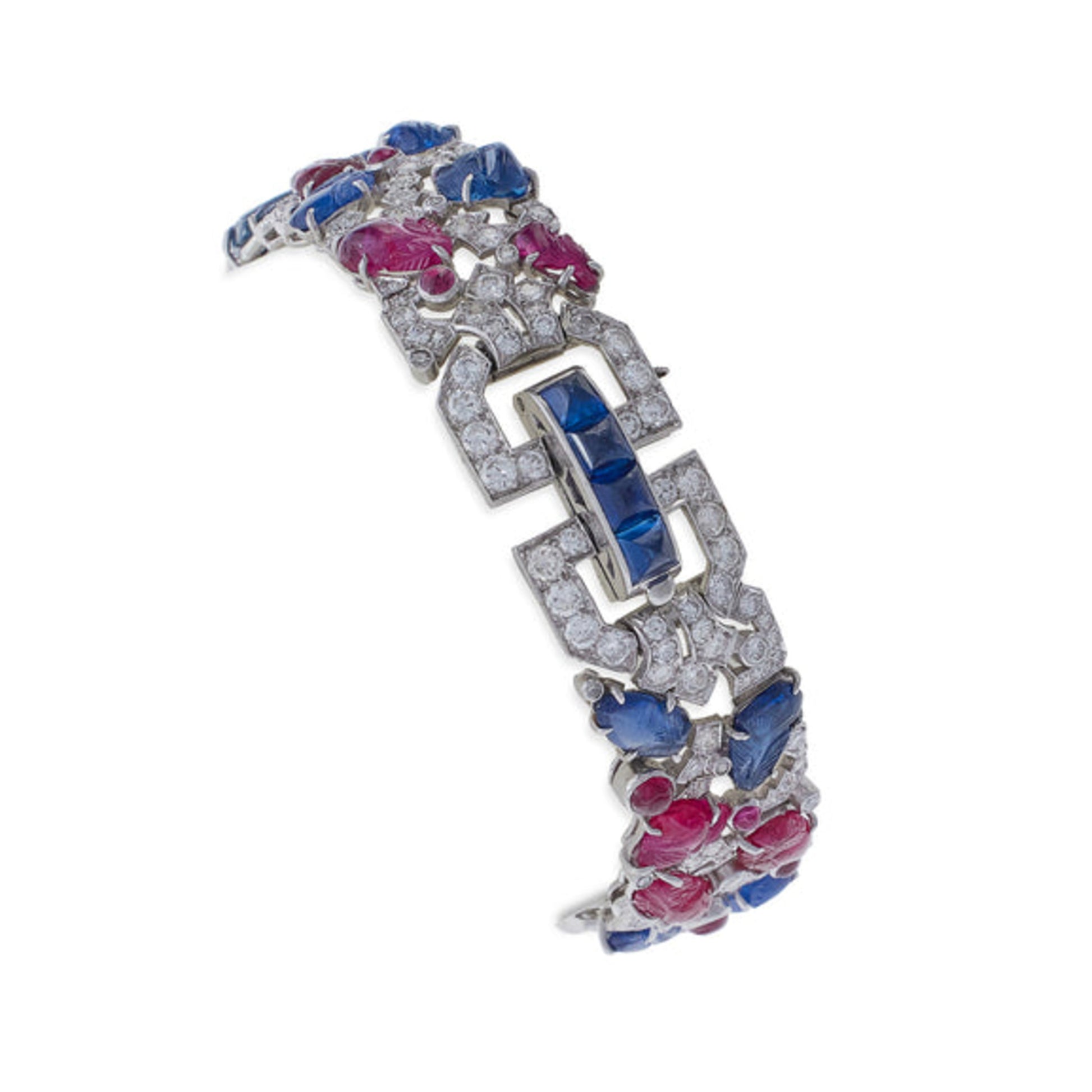 Art Deco Platinum Sapphire, Diamond & Ruby Tutti Frutti Bracelet back