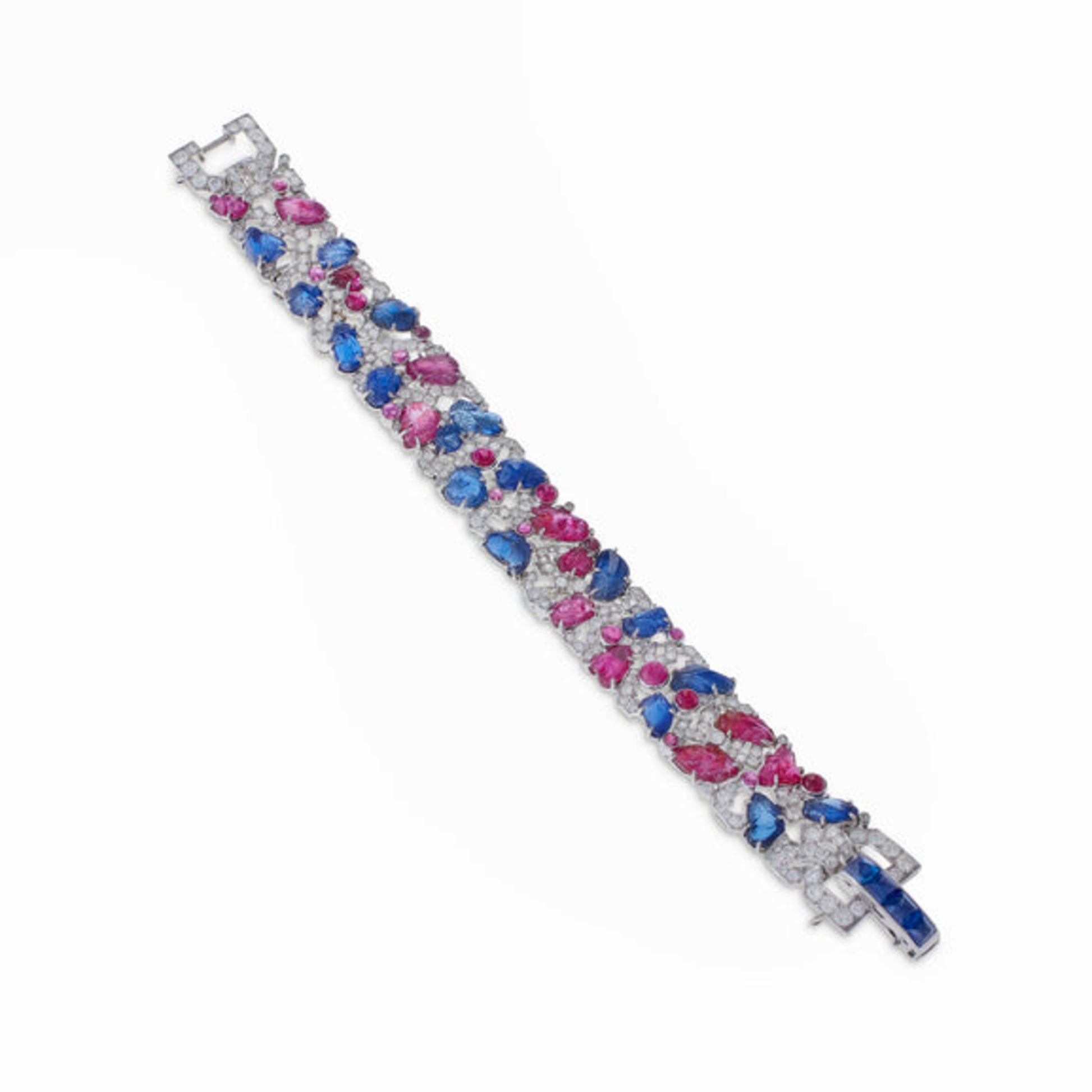 Art Deco Platinum Sapphire, Diamond & Ruby Tutti Frutti Bracelet front