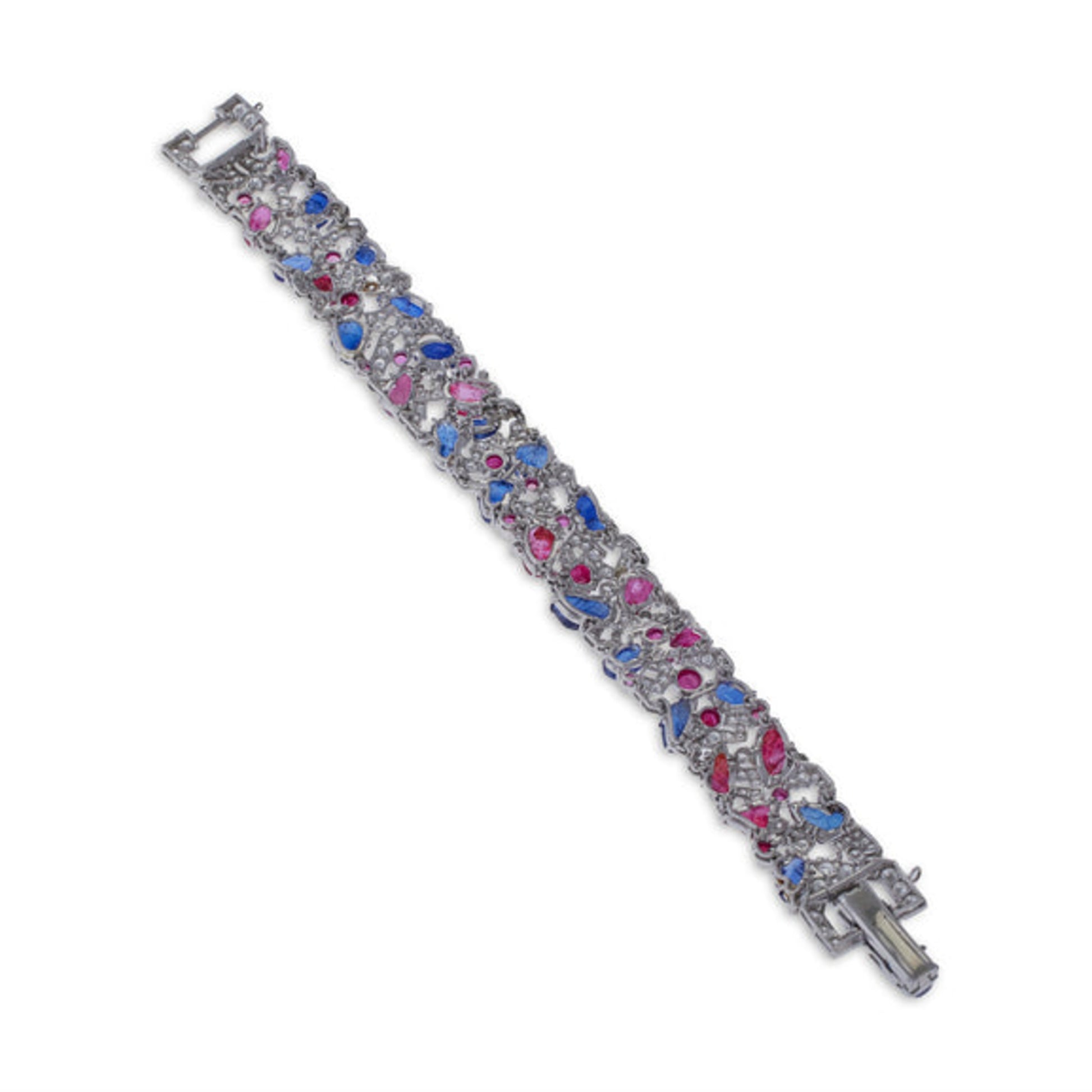 Art Deco Platinum Sapphire, Diamond & Ruby Tutti Frutti Bracelet back