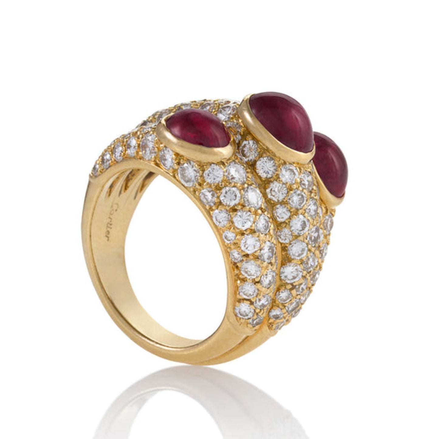 Cartier Paris Post-1980s 18KT Yellow Gold Ruby & Diamond Ring profile and side