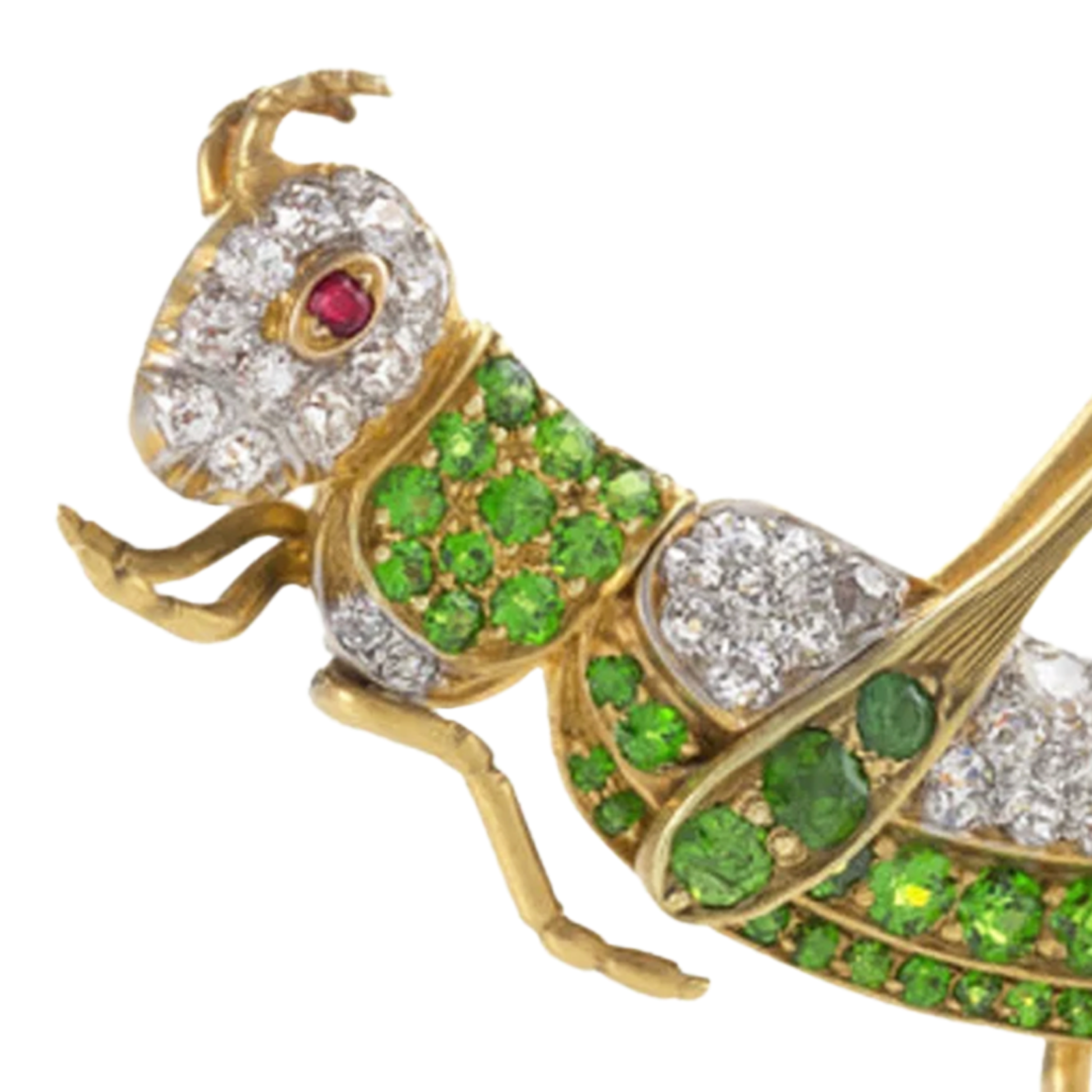 Edwardian Platinum & 18KT Yellow Gold Diamond, Demantoid Garnet & Ruby Grasshopper Brooch close-up details