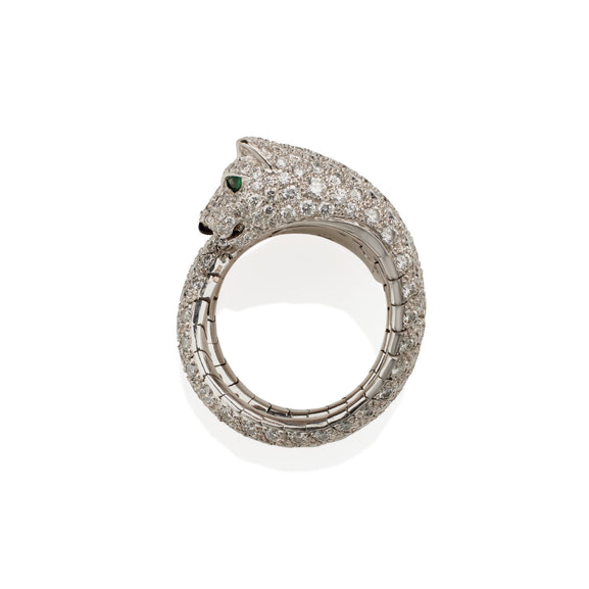 Cartier Paris Post-1980s 18KT White Gold Diamond, Emerald & Onyx Panthère Ring profile