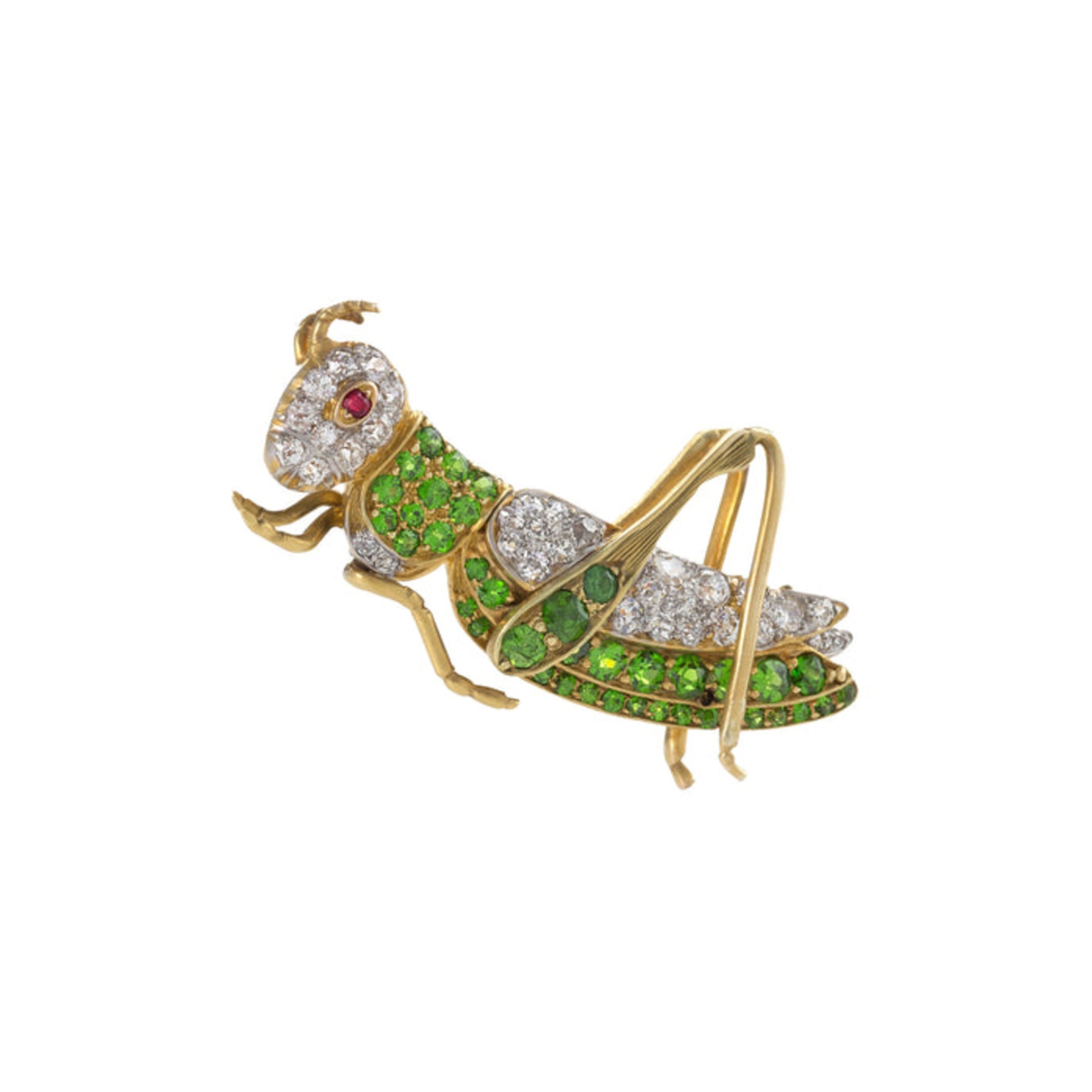 Edwardian Platinum & 18KT Yellow Gold Diamond, Demantoid Garnet & Ruby Grasshopper Brooch front