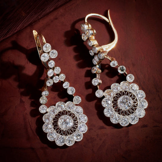 Edwardian Platinum & 18KT Yellow Gold Diamond Earrings front