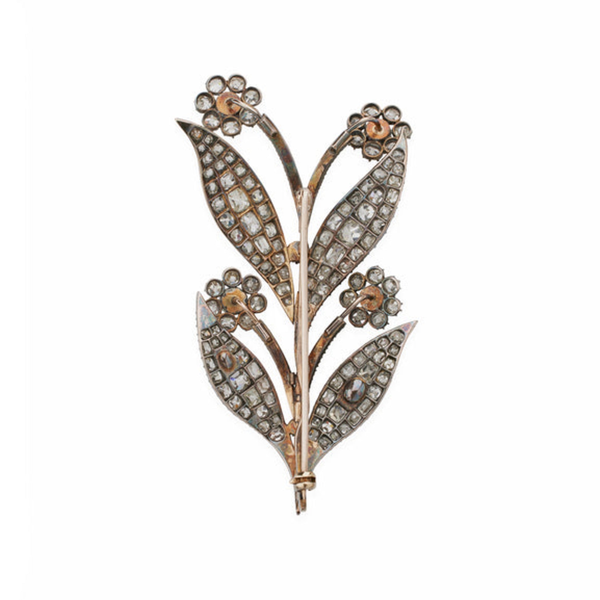 Antique Silver & Yellow Gold Diamond Flower Brooch back