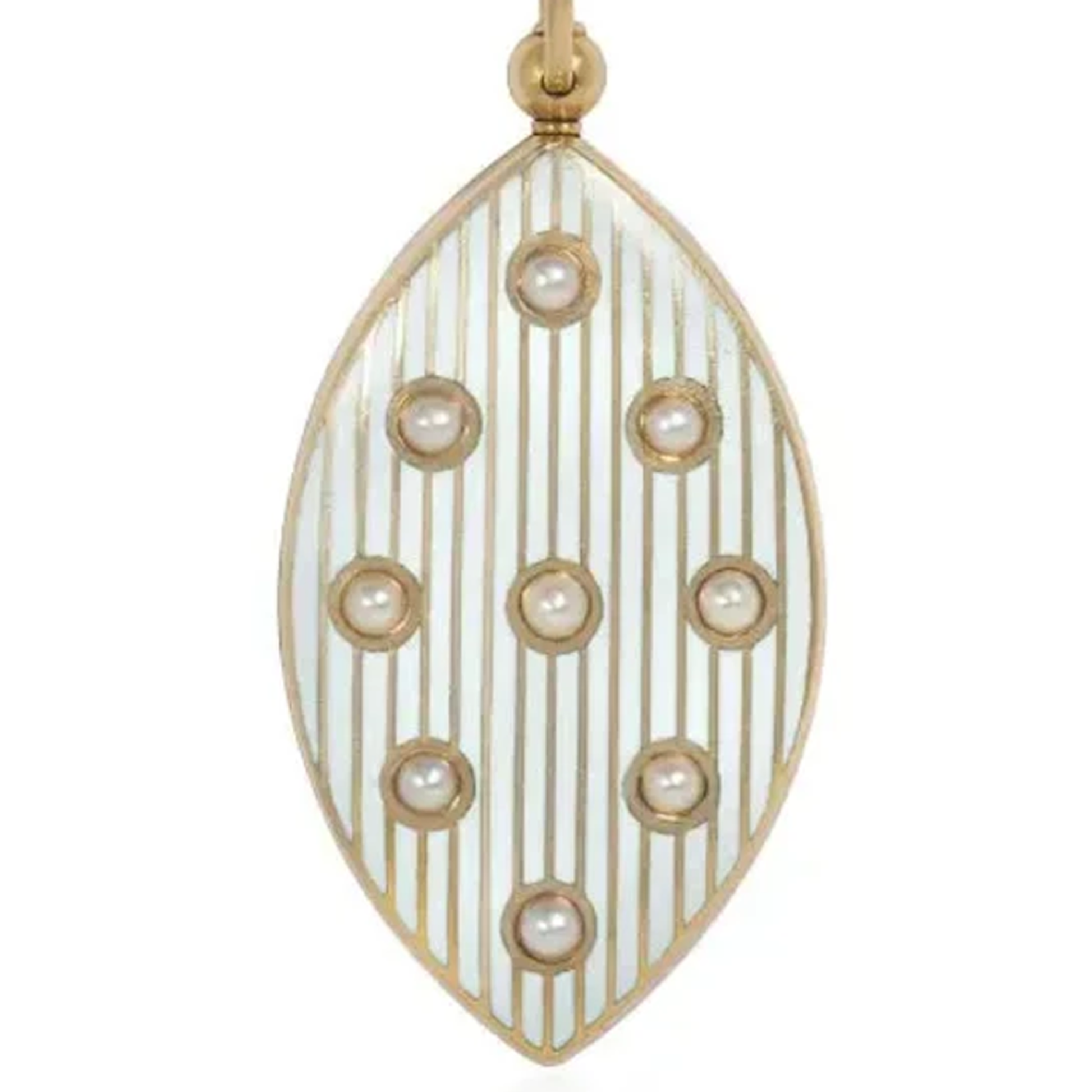 Riker Bros. Art Nouveau 14KT Yellow Gold Enamel & Natural Pearl Necklace close-up details