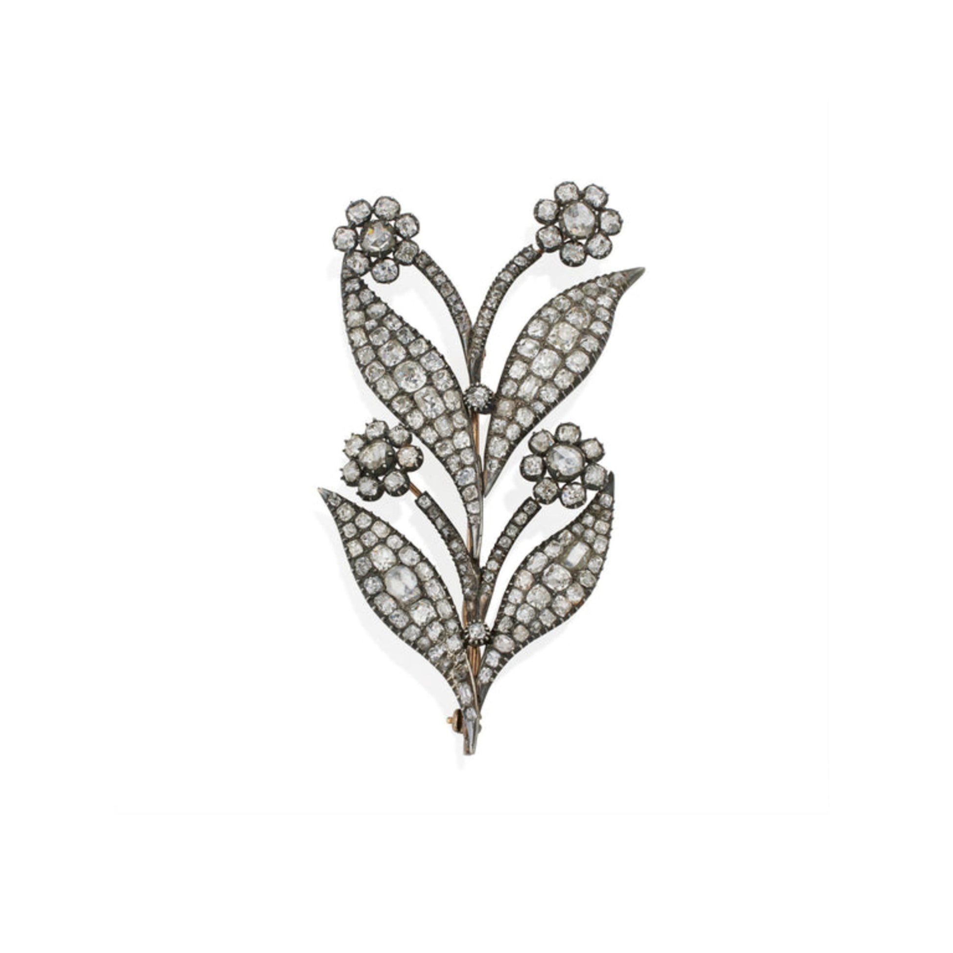 Antique Silver & Yellow Gold Diamond Flower Brooch front