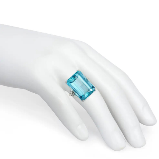 Retro Platinum Aquamarine & Diamond Ring on finger