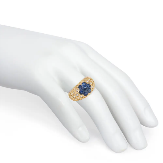 French 1980s 18KT Yellow Gold Sapphire & Diamond Ring on finger