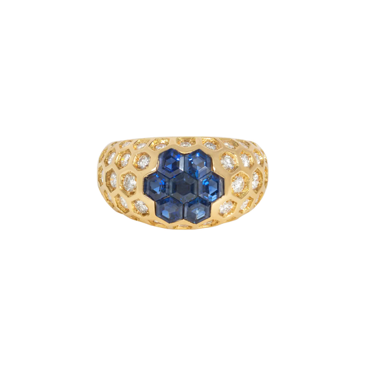 French 1980s 18KT Yellow Gold Sapphire & Diamond Ring front