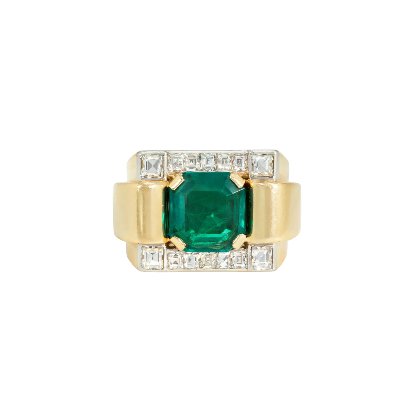 Chaumet Paris Retro Platinum & 18KT Yellow Gold Emerald & Diamond Ring front