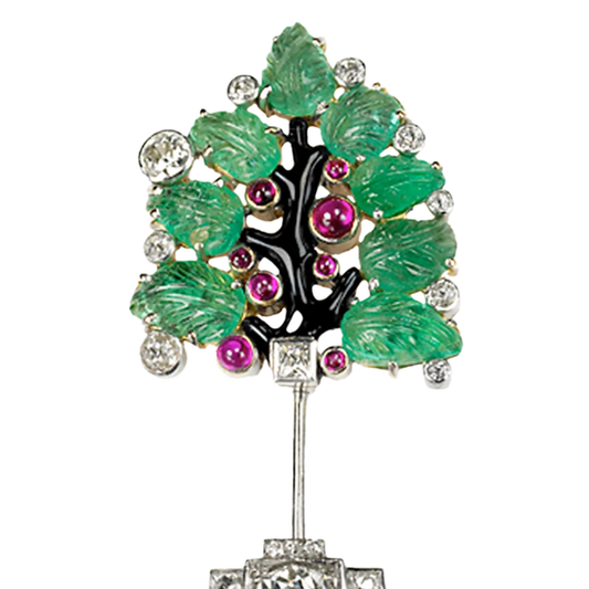 Art Deco Platinum & 18KT Yellow Gold Diamond, Emerald, Enamel & Ruby Tutti Frutti Brooch close-up details