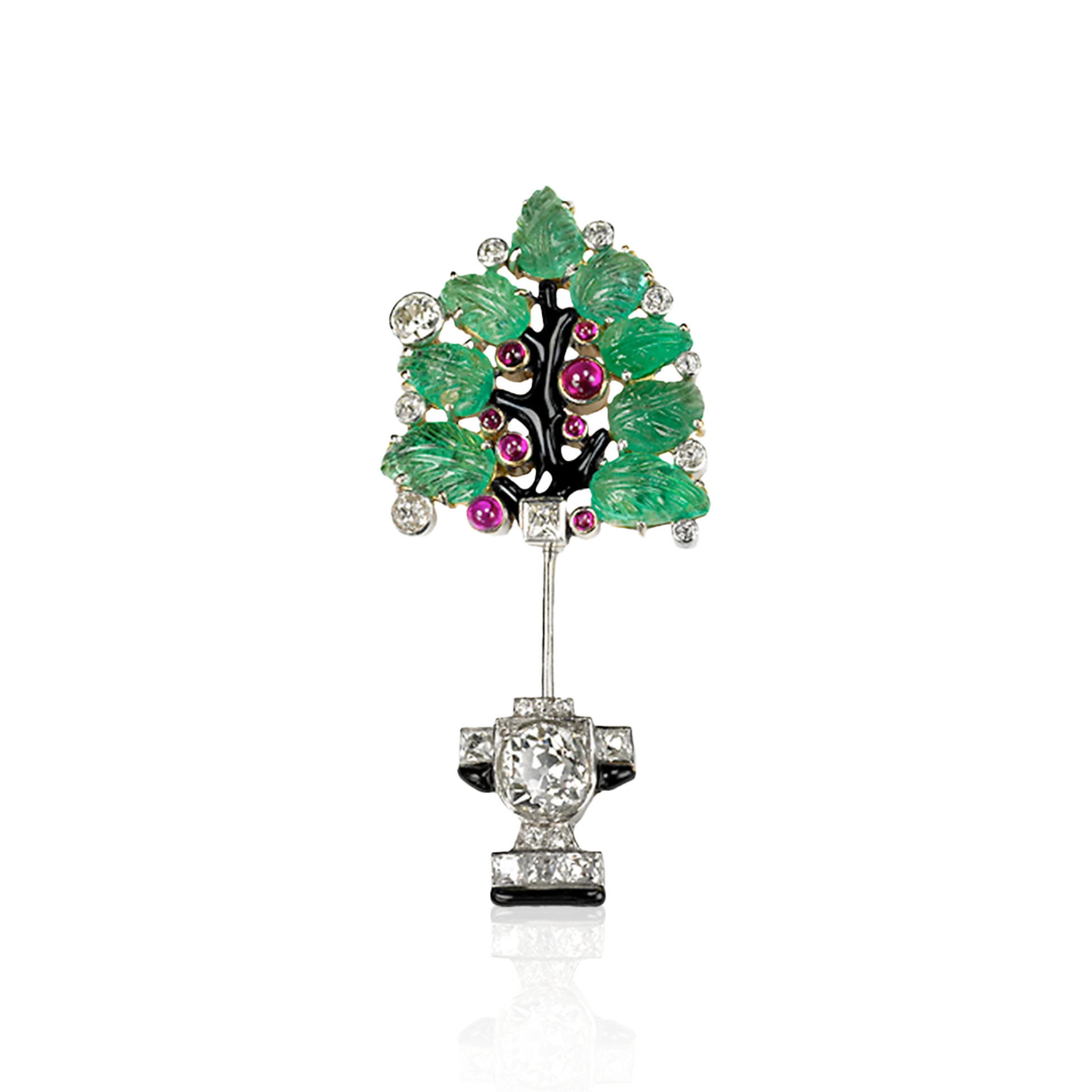 Art Deco Platinum & 18KT Yellow Gold Diamond, Emerald, Enamel & Ruby Tutti Frutti Brooch front