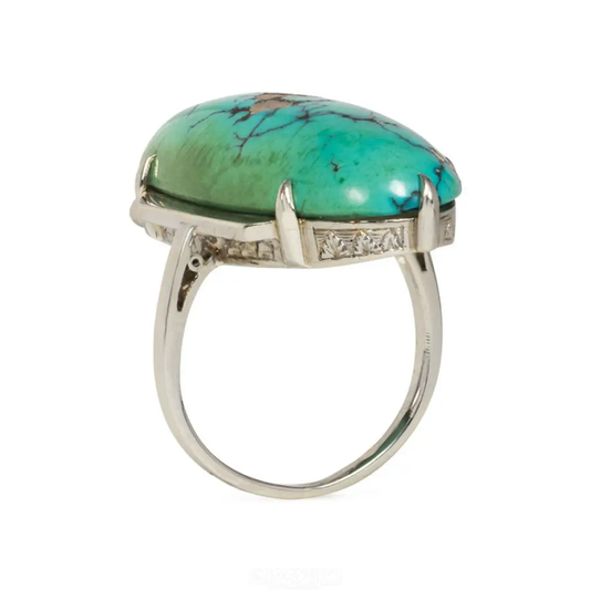 French Art Deco 18KT White Gold Turquoise Ring profile