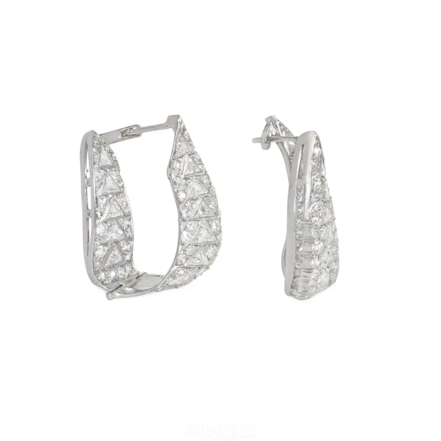 French Art Deco Platinum Diamond Earrings front and side