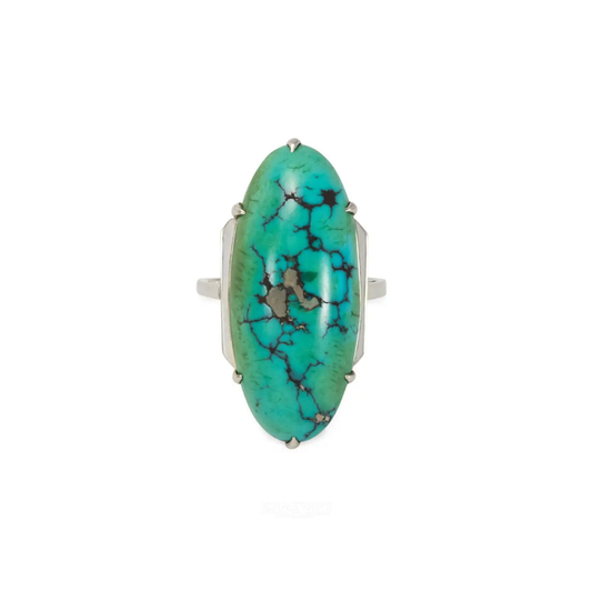 French Art Deco 18KT White Gold Turquoise Ring front