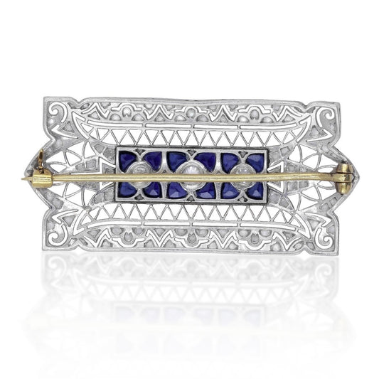 Art Deco Platinum Diamond & Sapphire Brooch back