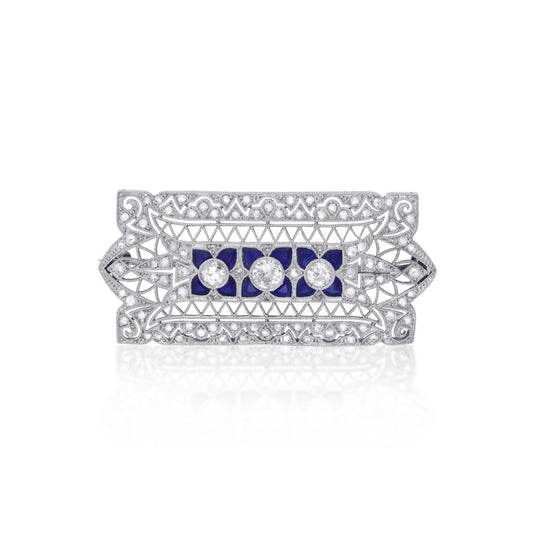 Art Deco Platinum Diamond & Sapphire Brooch front