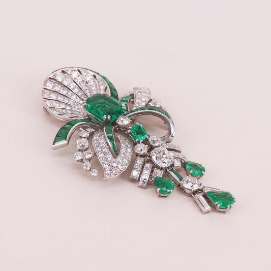 Mauboussin Art Deco 18KT White Gold Emerald & Diamond Brooch front