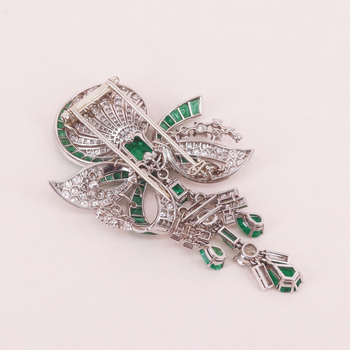 Mauboussin Art Deco 18KT White Gold Emerald & Diamond Brooch back