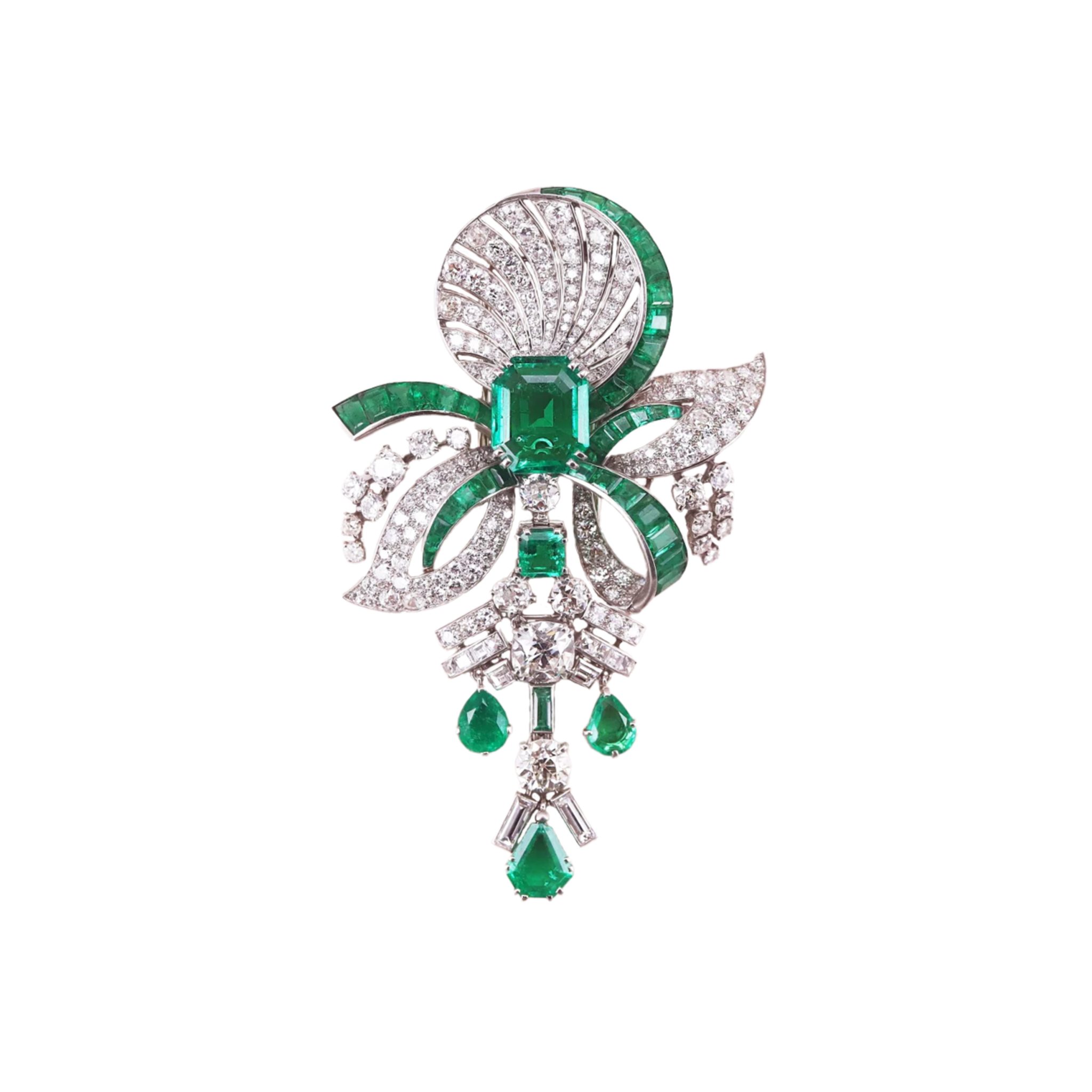 Mauboussin Art Deco 18KT White Gold Emerald & Diamond Brooch