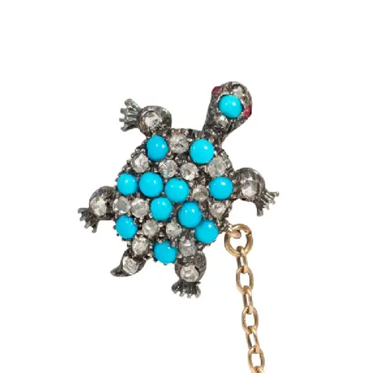 Garrard & Co. Victorian Silver & 15KT Yellow Gold Turquoise, Diamond & Natural Pearl Turtle Brooch close-up details