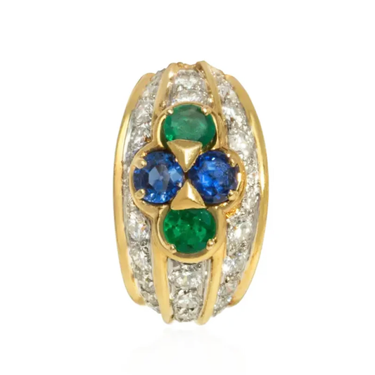 Van Cleef & Arpels France 1980s Platinum & 18KT Yellow Gold Diamond, Emerald & Sapphire Earrings close-up details