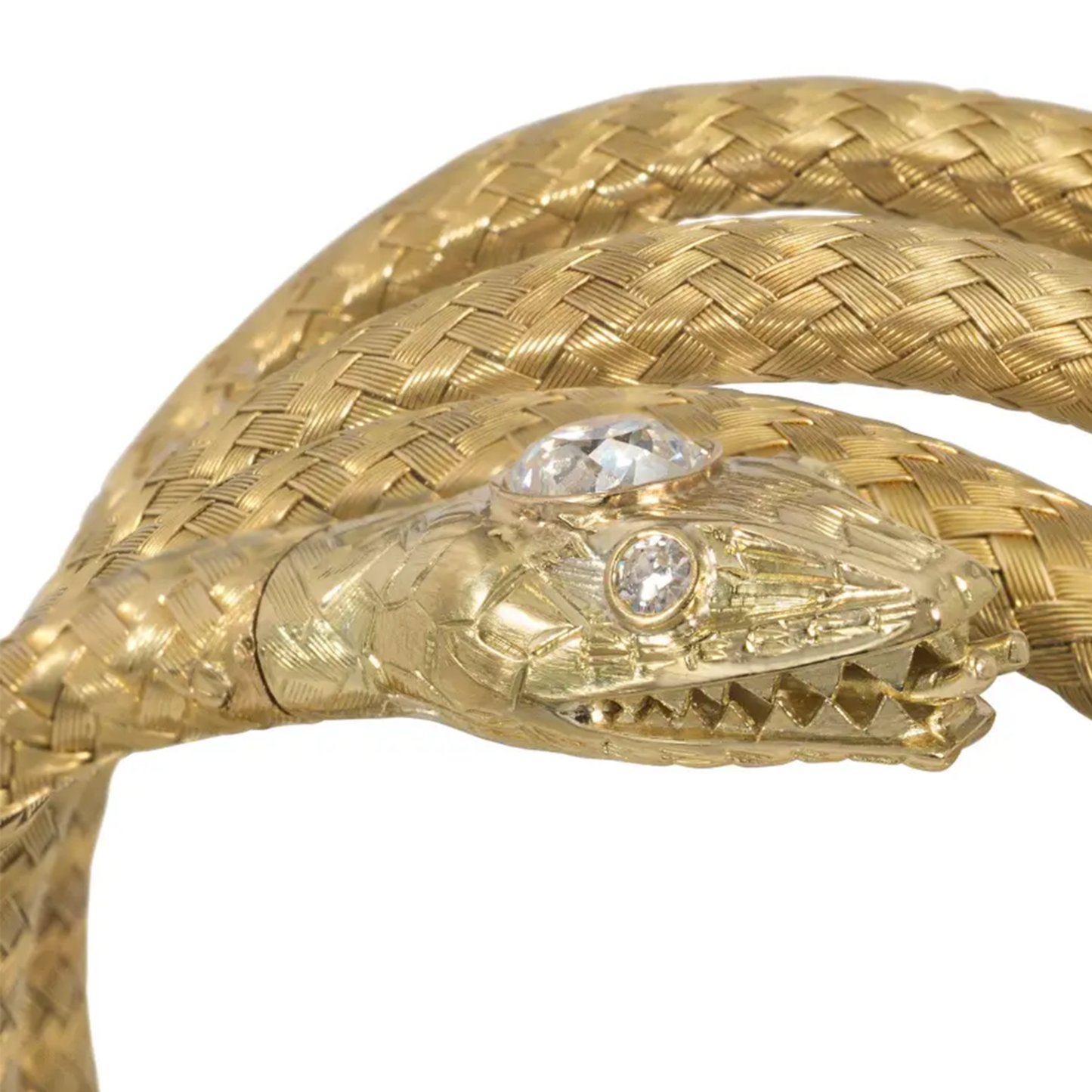 French Antique 18KT Yellow Gold Diamond Snake Bracelet close-up details