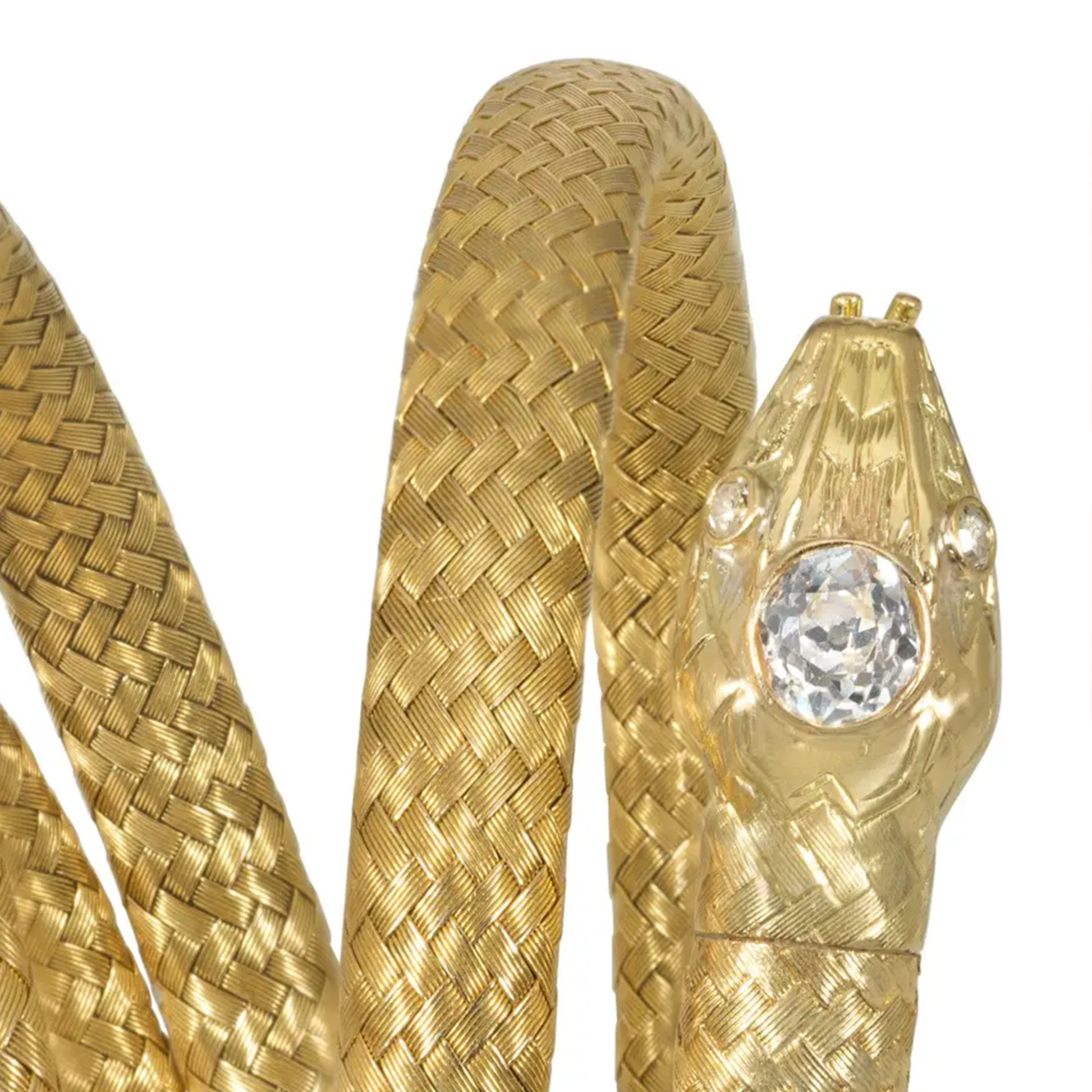 French Antique 18KT Yellow Gold Diamond Snake Bracelet close-up details