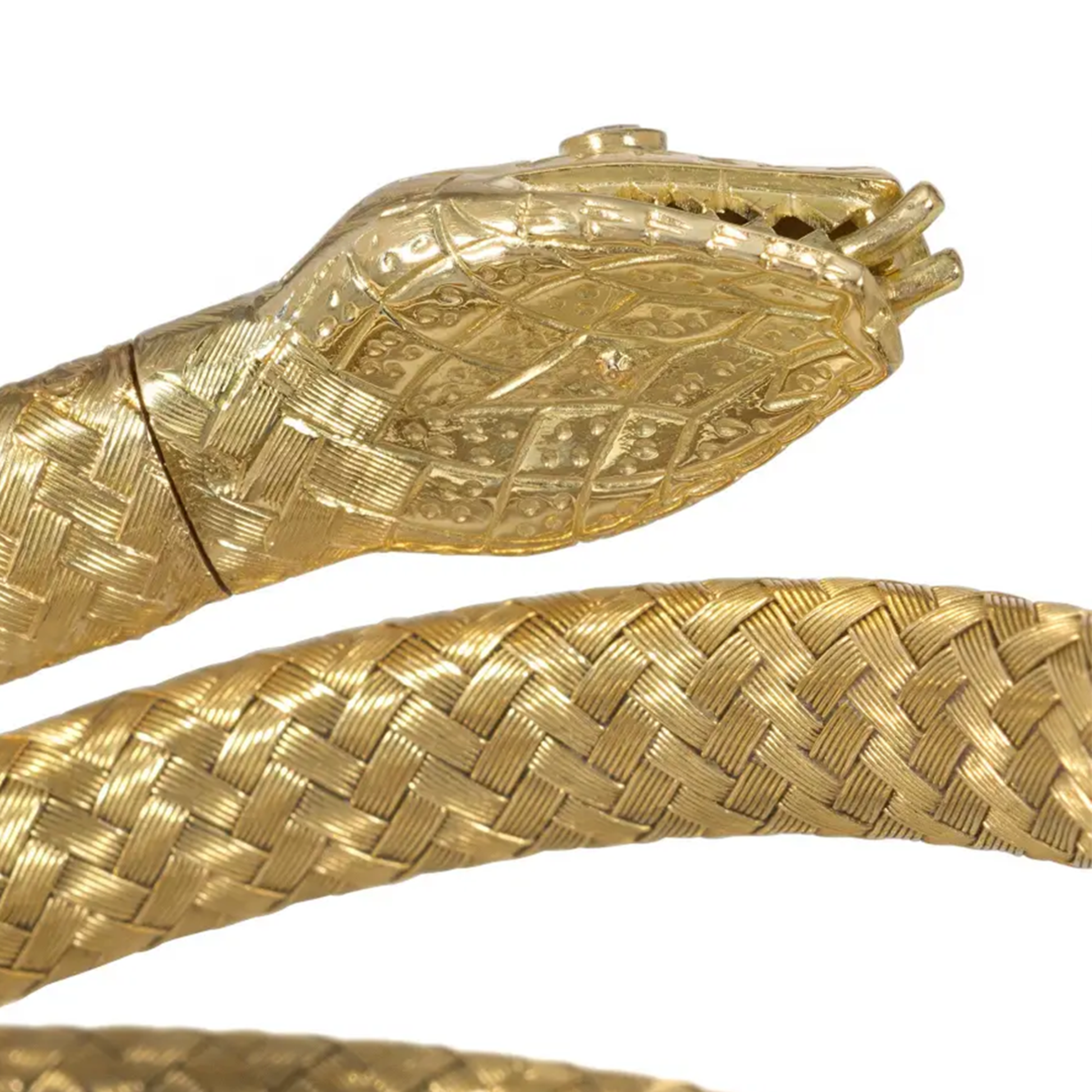 French Antique 18KT Yellow Gold Diamond Snake Bracelet close-up details