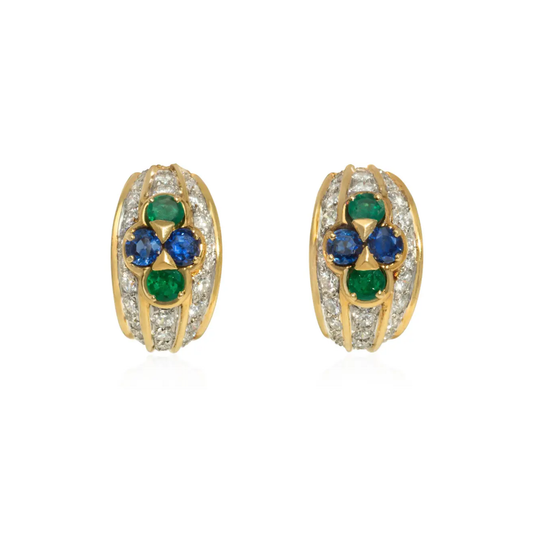 Van Cleef & Arpels France 1980s Platinum & 18KT Yellow Gold Diamond, Emerald & Sapphire Earrings front