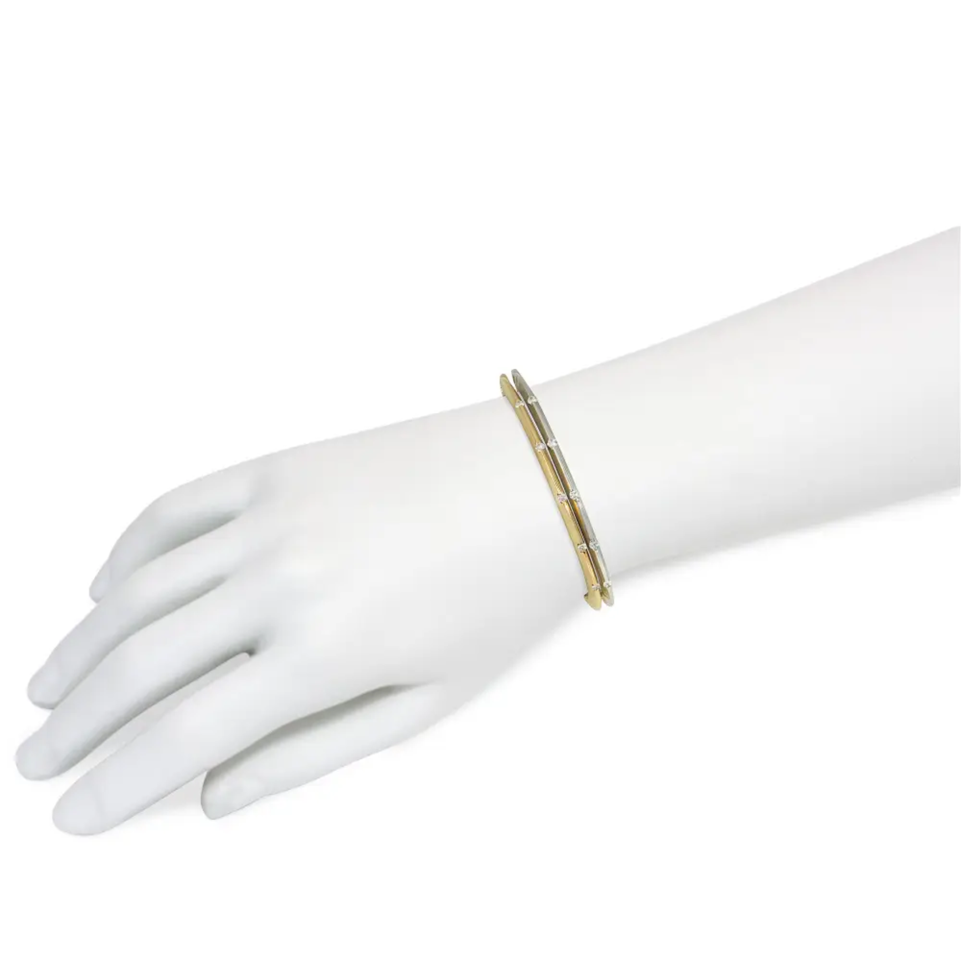 Italian Post-1980s 18KT White & Yellow Gold Diamond Bangle Bracelets on wrist