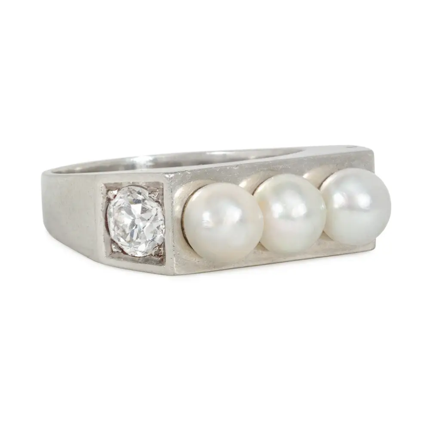 French Art Deco Platinum Natural Pearl & Diamond Ring side