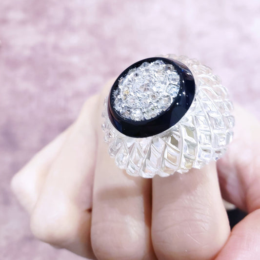 1960s 18KT White Gold Rock Crystal, Diamond & Onyx Ring on finger