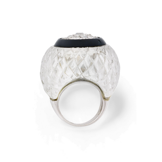 1960s 18KT White Gold Rock Crystal, Diamond & Onyx Ring profile