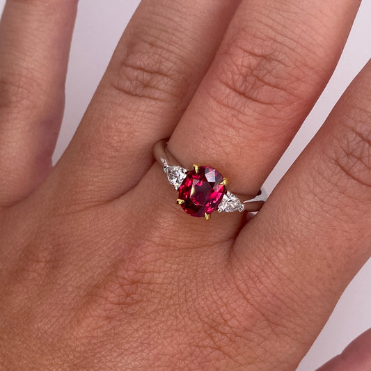 Contemporary Platinum & 18KT Yellow Gold Ruby & Diamond Ring on finger